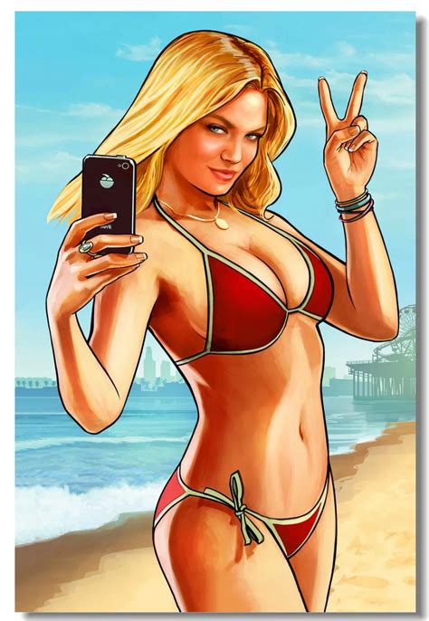 Custom Canvas Wall Prints Grand Theft Auto V Poster Gta 5 Game Stickers Sexy Beach Girl