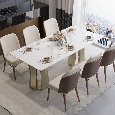709 White Modern Faux Marble Dining Table With Double Pedestal Base