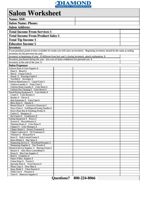 salon worksheet template printable