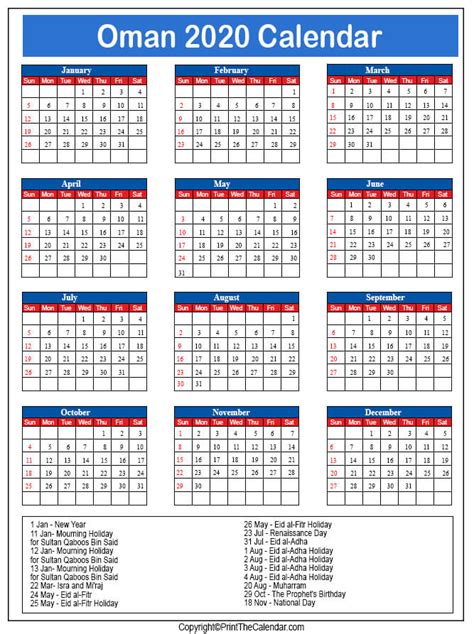 Oman Calendar 2020 With Oman Public Holidays