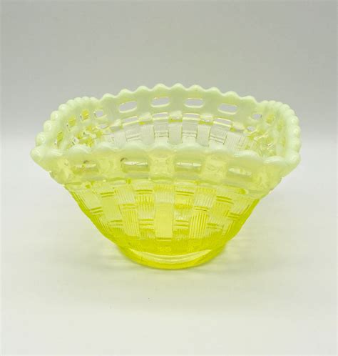 Fenton Art Glass Company Opalescent Topaz Vaseline Glass Square Basket Weave Design Bowl With