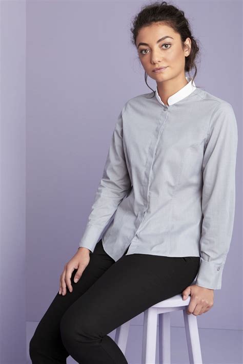 Womens Banded Collar Long Sleeve Shirt Grey Simon Jersey
