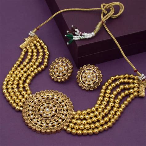 sukkhi attractive gold plated golden lct pearl choker necklace set for women jiomart