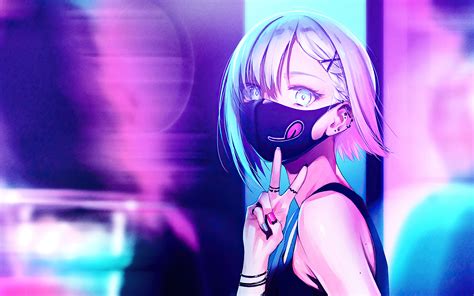2560x1600 Anime Girl City Lights Neon Face Mask 4k 2560x1600 Resolution Hd 4k Wallpapers Images