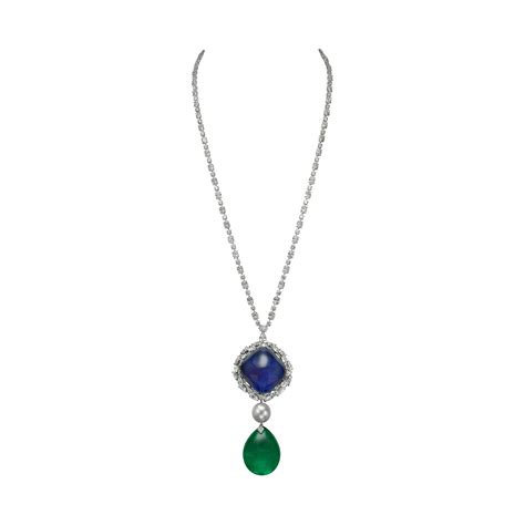 Diamond Necklace With Sapphire Emerald And Pearl Pendant Moussaieff