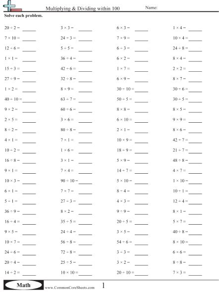 third grade math worksheets multiplication and division