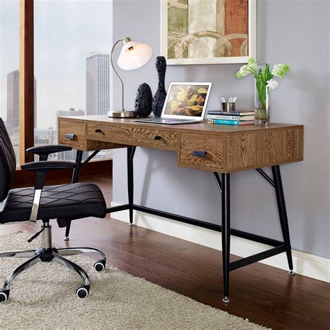 Modway Surplus Wood Grain Office Desk With Drawers In Walnut