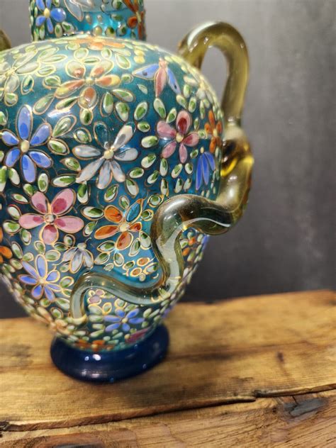 Antique Moser Glass Blue Czech Vase W Enamel Flowers Butterflies Dragonfly Ebay