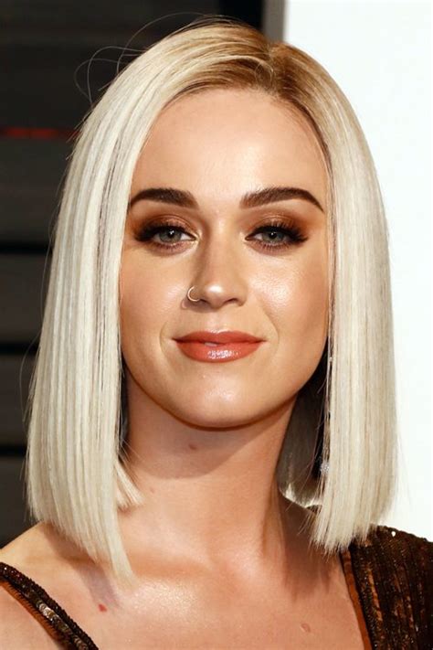 Katy Perry Straight Platinum Blonde Blunt Cut Bob Dark Roots