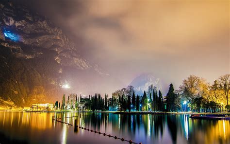 Landscape Nature City Lights Mist Mountains Lake Italy