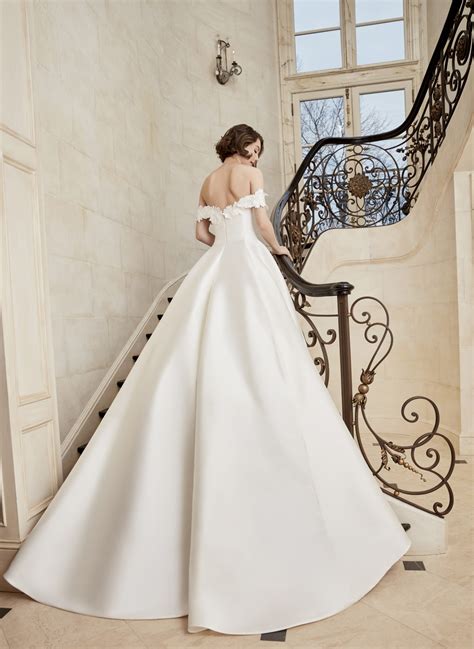 Off The Shoulder Mikado Ball Gown Wedding Dress With Lace Edge