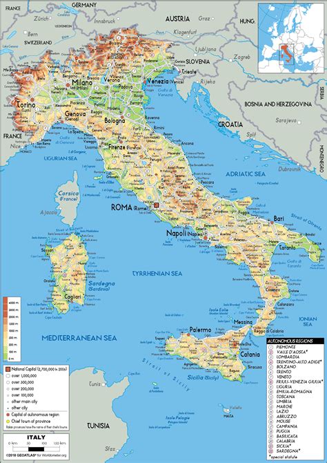 Large Size Physical Map Of Italy Worldometer