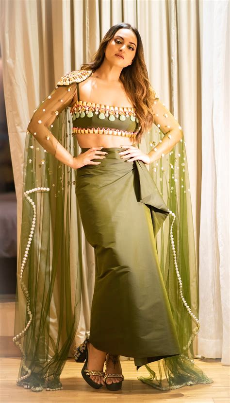 Sonakshi Sinha Military Green Embellished Skirt With Cape And Bralet