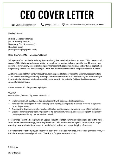 In your letter, reference your most relevant or exceptional qualifications to help employers see why you're a great fit for the role. Executive Cover Letter Examples | CEO, CIO, CTO | Resume ...