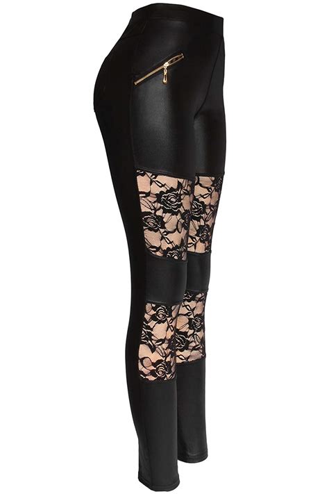 Black Leather And Lace Mesh Panel Leggings Pants