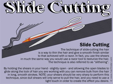 Channel cutting is a hair thinning technique used to remove density and add texture to thick hair by cutting channels at the roots parallel to the direction the hair will be styled. Slide cutting technique for hair