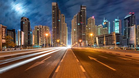 Dubai United Arab Emirates Cityscape With Illuminated Skyscrapers