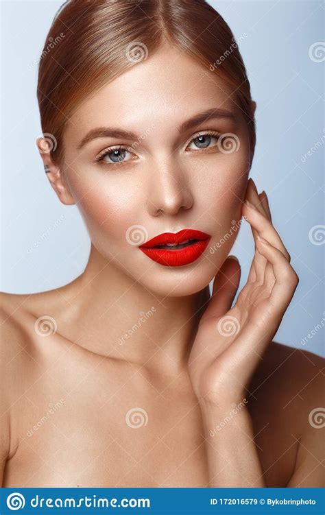 Beautiful Girl With Red Lips And Classic Makeup Beauty Face Stock
