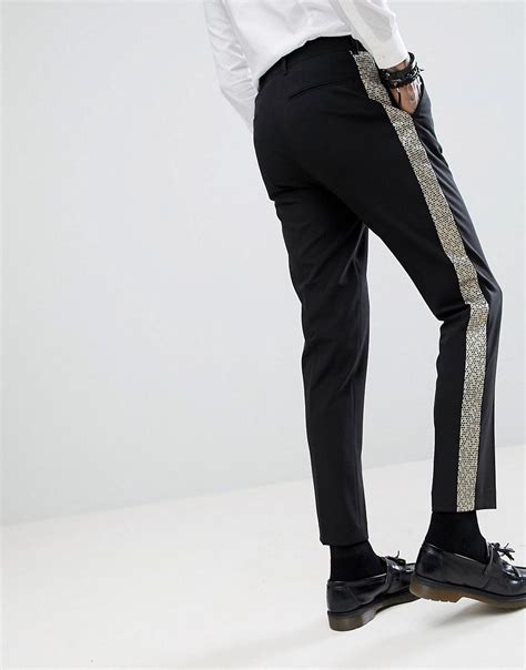 Asos Skinny Tuxedo Suit Pants In Black With Gold Honeycomb Effect Side