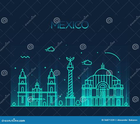 Mexico City Skyline Trendy Vector Line Art Style Stock Vector