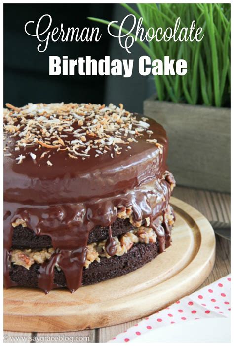 Two layers of tender chocolate cake topped with a decadent coconut pecan frosting. German Chocolate Birthday Cake | Say Grace