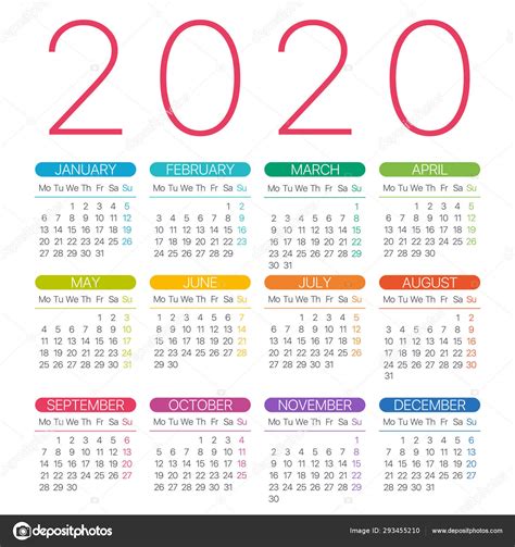 Calendario 2020 Plantilla Vectorial De Línea Delgada Ilustración