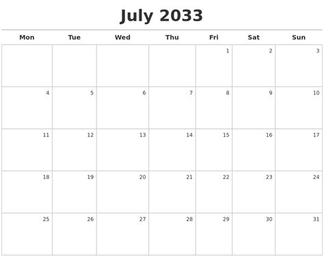July 2033 Calendar Maker