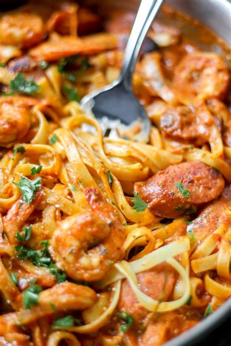 One Pot Creamy Cajun Shrimp Pasta With Sausage The