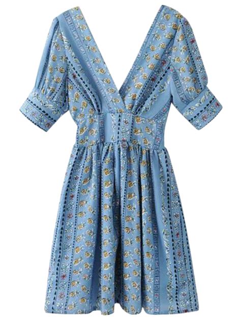 [24 Off] 2021 Printed Double V A Line Dress In Blue Zaful