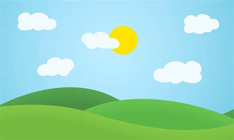 언덕 구름과 푸른 하늘아래 빛나는 태양 플랫 디자인 잔디 풍경 벡터 0명에 대한 스톡 벡터 아트 및 기타 이미지 Istock