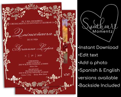 Red Quinceanera Invitation With Photo Quinceanera Invitation Etsy