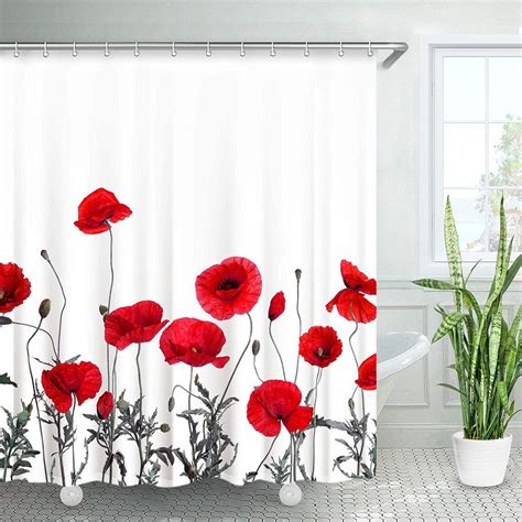 Red Flowers Are On The Shower Curtain Next To A Potted Plant