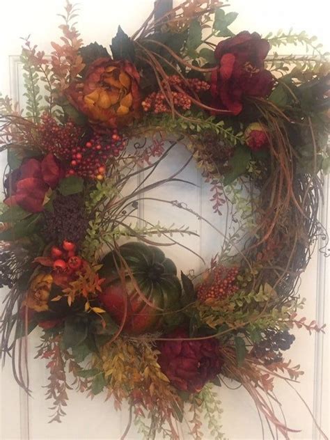 Fall Wreath For Front Door With Pumpkin And Peonies Rustic Woodsy Fall