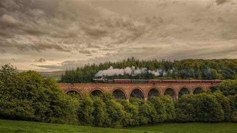 Nature Landscape Train Machine Smoke Trees Clouds Bridge Railway
