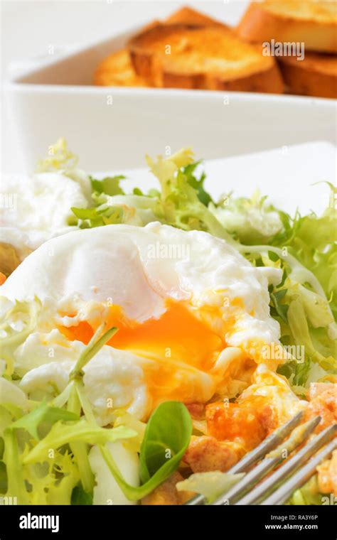 Classic French Salad Great Salad Lyonnaise Dish With Green Leaves Of