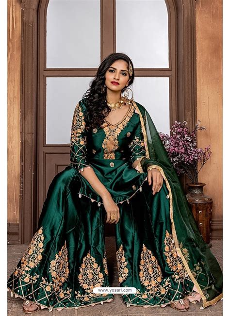 Buy Dark Green Heavy Designer Party Wear Sharara Suit Palazzo Salwar Suits