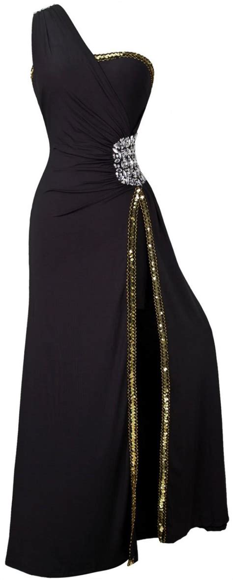 One Shoulder Pleat Rhinestone Beading Prom Long Evening Dress Black And Gold Engagement Dress
