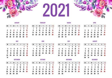 Lindo Calendário 2021 Com Design Floral Colorido Vetor Grátis