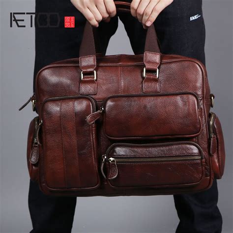 Aetoo Original Retro Multifunctional Oil Skin Briefcase Male Bag Leather Business Bag Mens