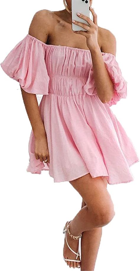 women s off shoulder short puff sleeve dress plain boat neck ruffled a line swing dress sexy