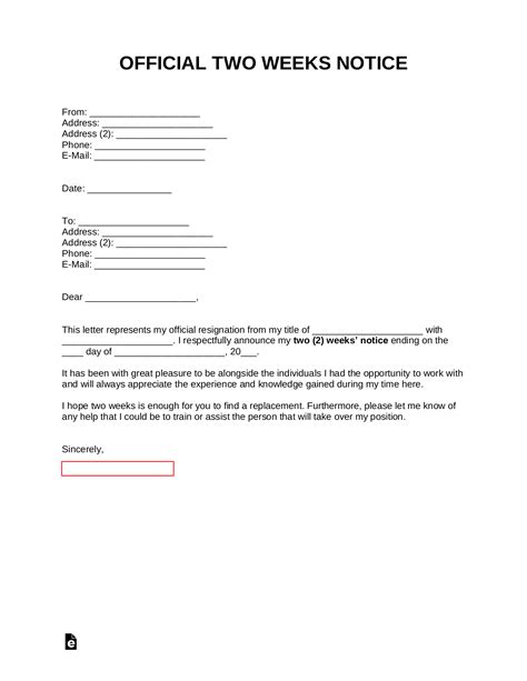 Resignation Letter Template Two Weeks Notice