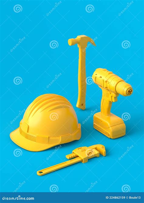 Isometric View Of Monochrome Construction Tools For Repair On Blue And