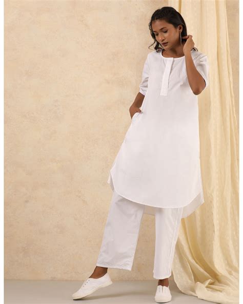 White Cotton Kurta With White Pants Set Of Two By Free Living The
