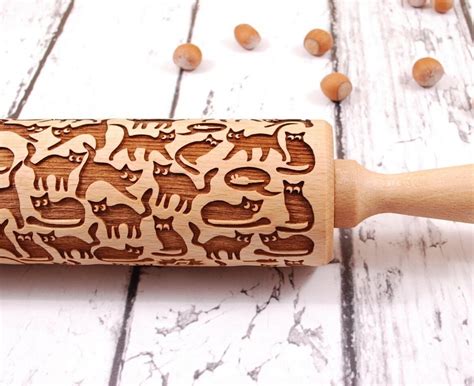 Cats Pattern Embossing Rolling Pinwooden Laser Engraved Rolling Pin