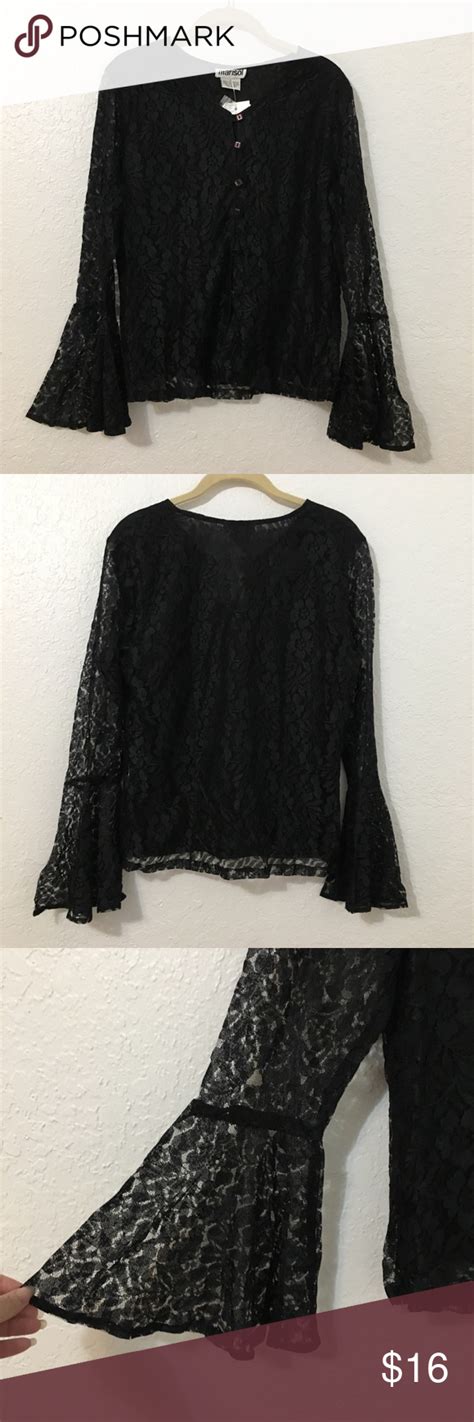Marisol Black Lace Bell Sleeves Long Sleeve Shirt Buttons Down The