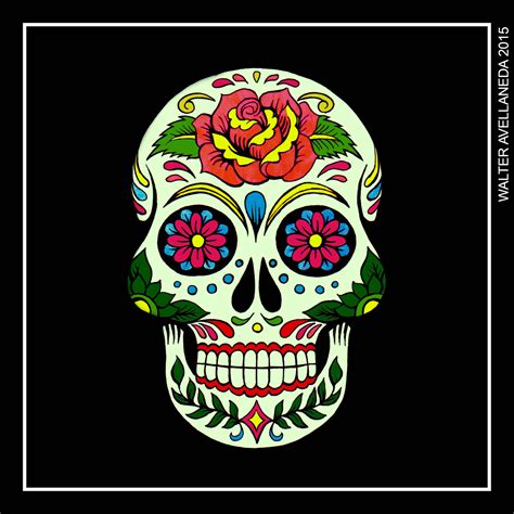 Color drawing of a female skeleton in mexican clothes. Craneo de Azucar by Walter Avellaneda | Calaveras ...