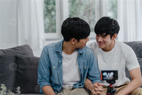 Young Asian Gay Couple Influencer Couple Vlog At Home Teen Korean Lgbtq Men Happy Relax Fun