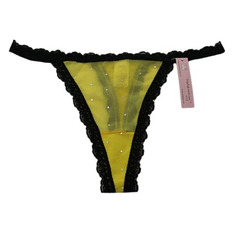 Undergirl Undergirl Womens Yellow Black Sheer Rhinestone Lace Thong Panties Sz L Nwt