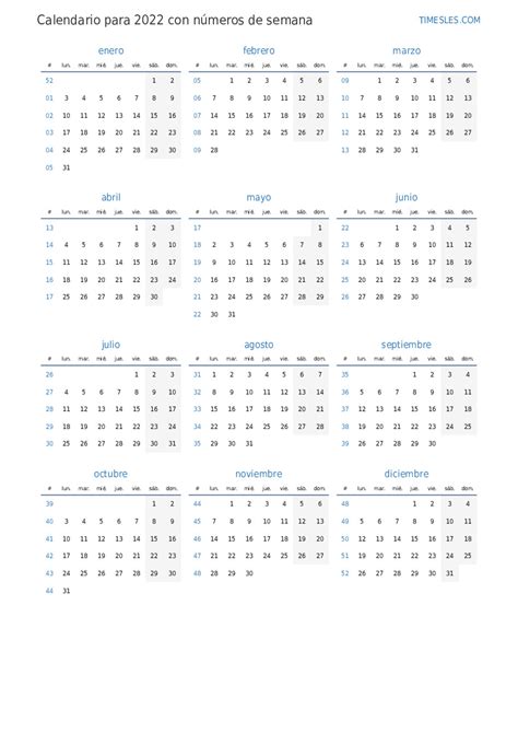 Calendario Para 2022 Con Semanas Imprimir Y Descargar Calendario