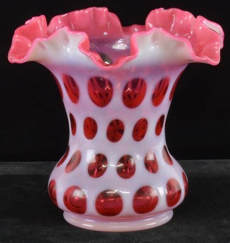 Sold Price Fenton Cranberry Coin Dot Opalescent Art Glass Vase